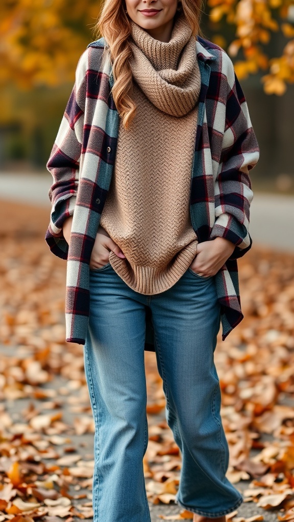 A person wearing a layered fall outfit with a gray sweater, plaid flannel shirt, relaxed-fit jeans, and brown boots, surrounded by autumn leaves.