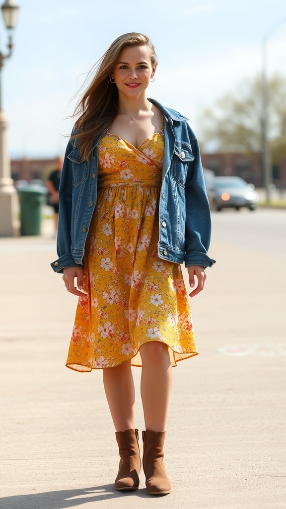 A woman wearing a yellow floral sundress with a denim jacket and brown ankle boots, walking on a sunny day.