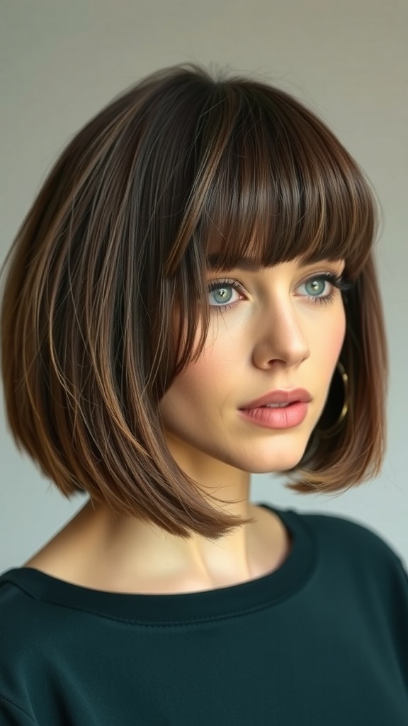 A woman with a layered French bob hairstyle and bangs, showcasing volume and style.
