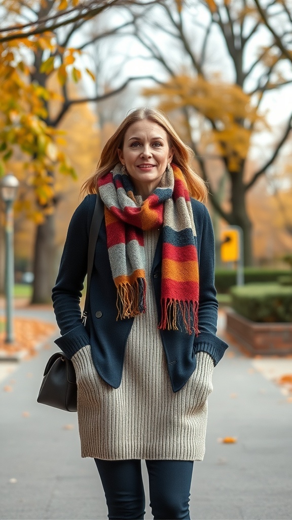 A woman wearing a layered knit outfit with a chic scarf, walking in an autumn park.