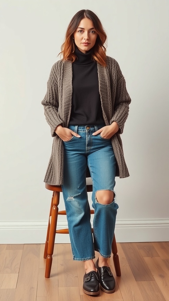 A woman wearing a layered knitwear ensemble with a chunky cardigan, black turtleneck, distressed jeans, and black shoes.