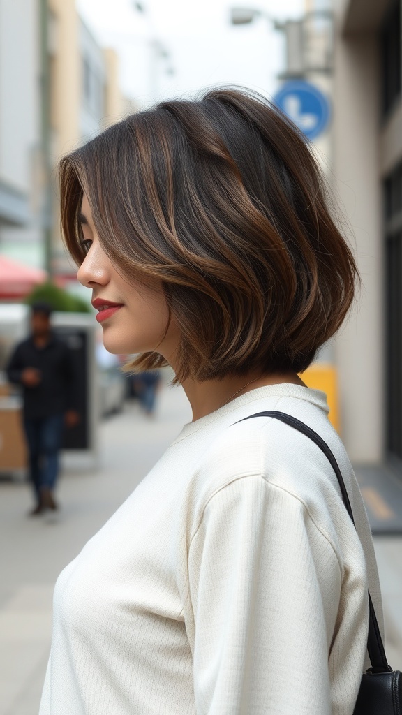 A woman with a layered lob haircut and side-swept bangs, showcasing a stylish and modern look.