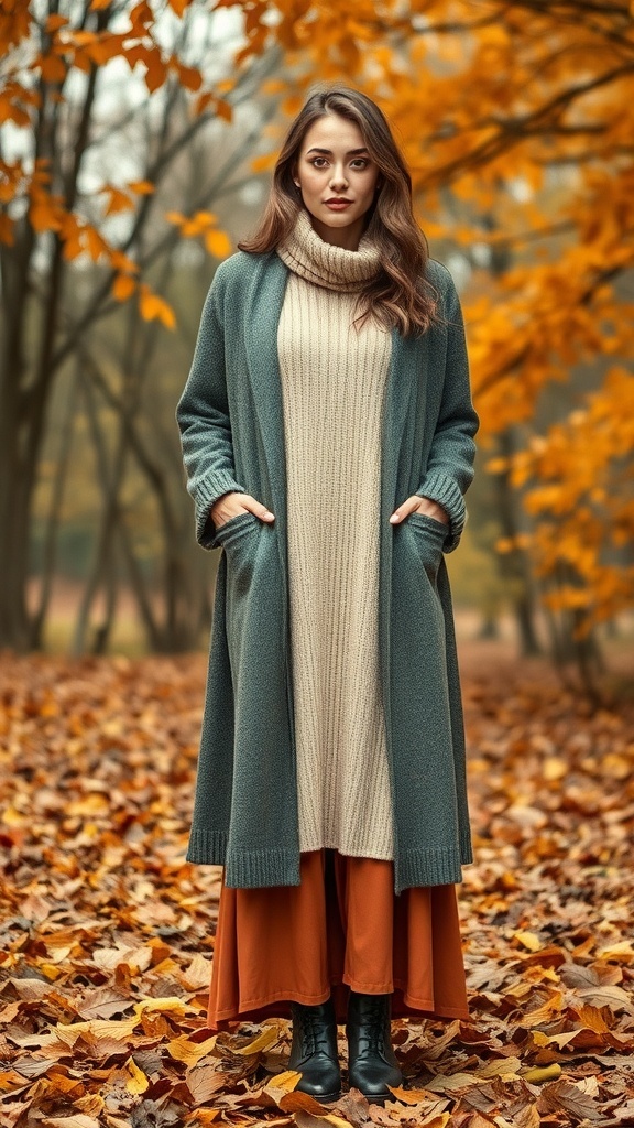 A woman in a layered long frock stands amidst autumn leaves, wearing a cozy knitted top and a flowy rust-colored skirt.