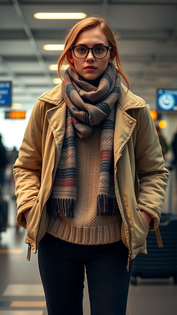 A young woman in a layered outfit at the airport, wearing a cozy sweater, a stylish jacket, and a scarf.