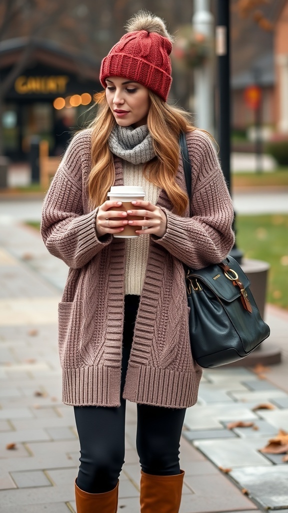 A woman wearing a cozy oversized cardigan, a red beanie, and holding a coffee cup, showcasing a stylish tomboy outfit.