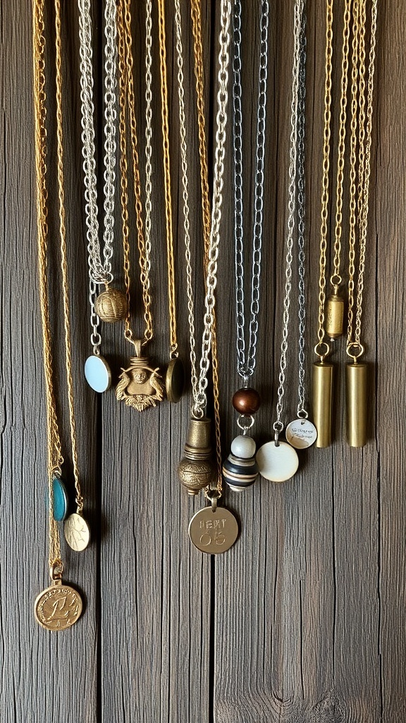 An assortment of layered necklaces in gold and silver with various charms on a wooden background.