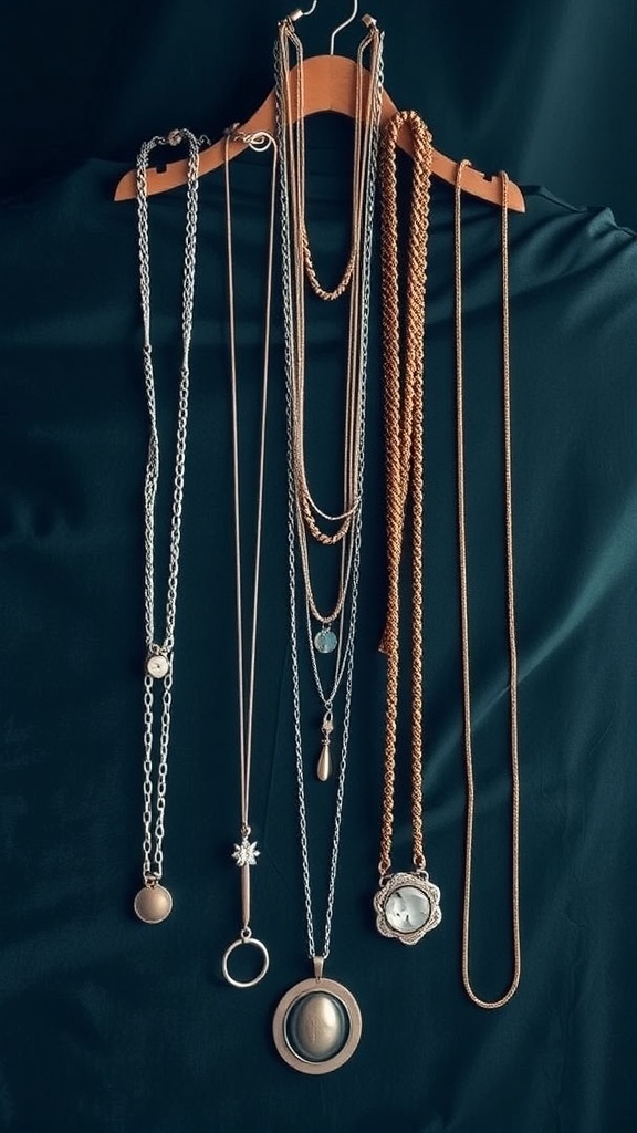 A collection of layered necklaces displayed on a hanger against a dark background.