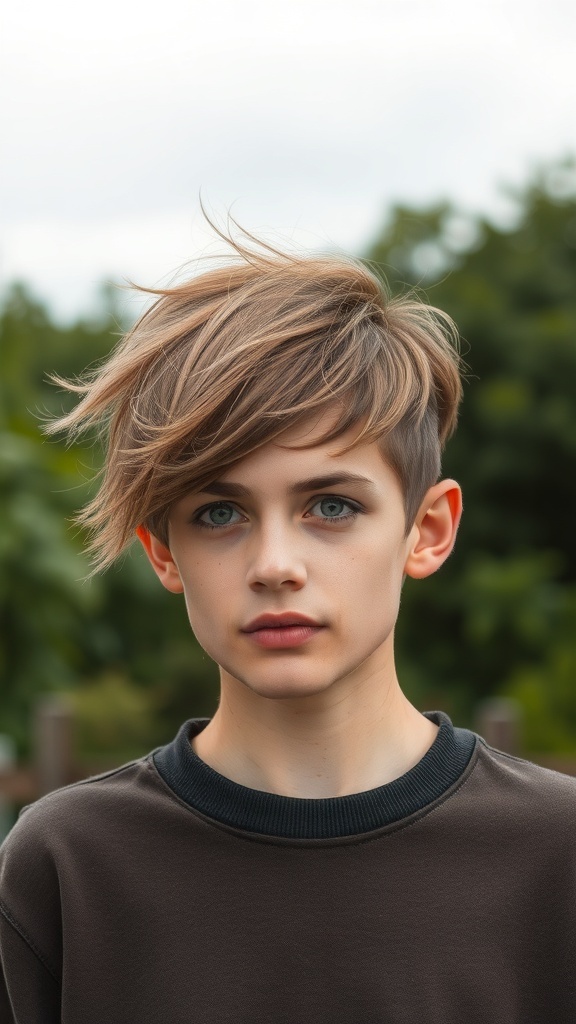 A young person with a layered pixie cut, featuring tousled layers and a casual look.