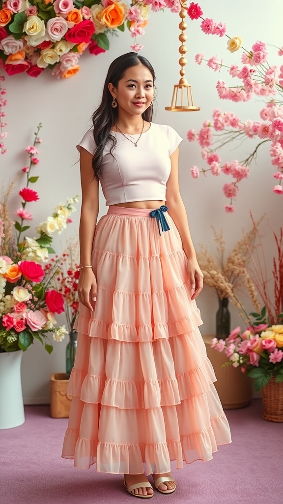 A model wearing a layered skirt with a crop top, surrounded by flowers, showcasing a stylish sangeet outfit.