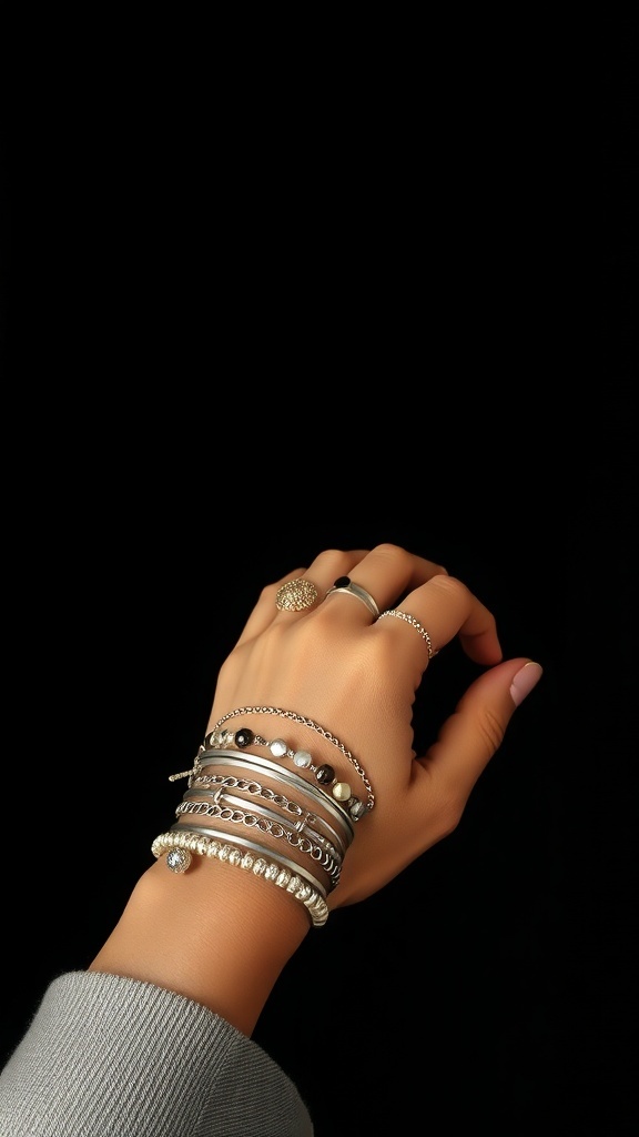 A hand with multiple silver bracelets stacked together, showcasing various designs and textures.