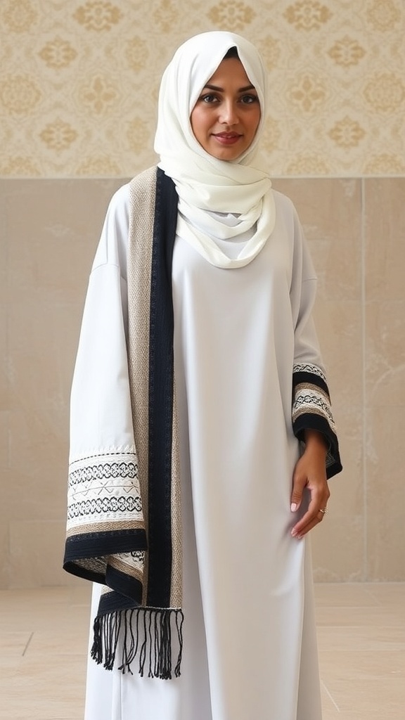 A woman wearing a white abaya, showcasing layered textures and elegant design.