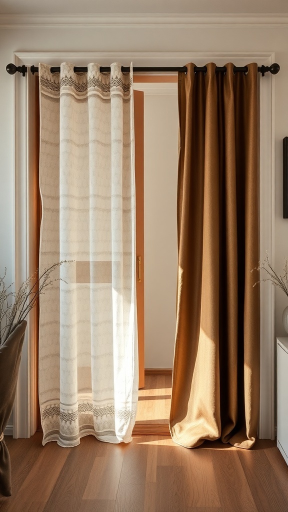 Image of sliding door curtains with layered textures, featuring a sheer white curtain and a rich brown curtain.