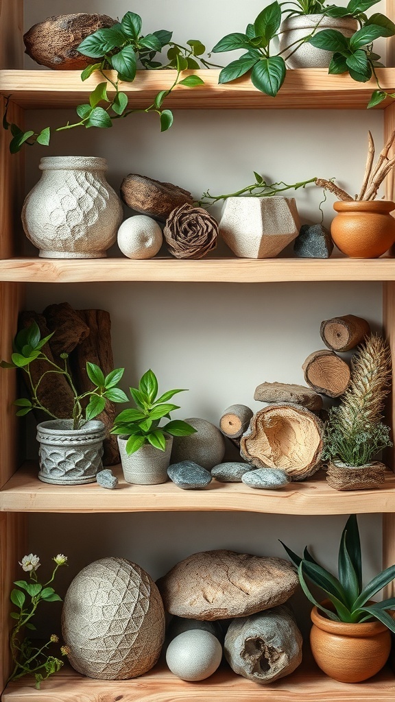 A shelf decorated with various natural elements, including plants, stones, and textured pots.