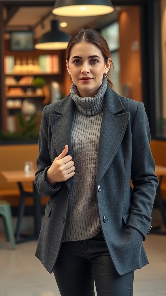 A woman wearing a gray blazer over a gray turtleneck, standing in a stylish cafe.