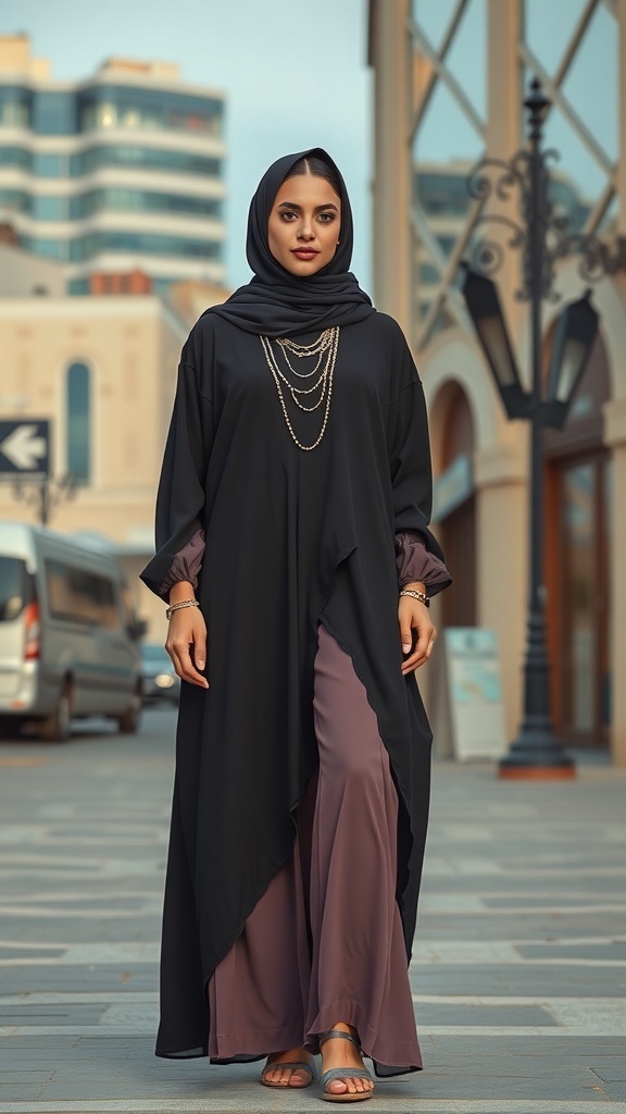 A model wearing a black abaya over a mauve outfit, accessorized with layered necklaces and sandals, standing on a city street.