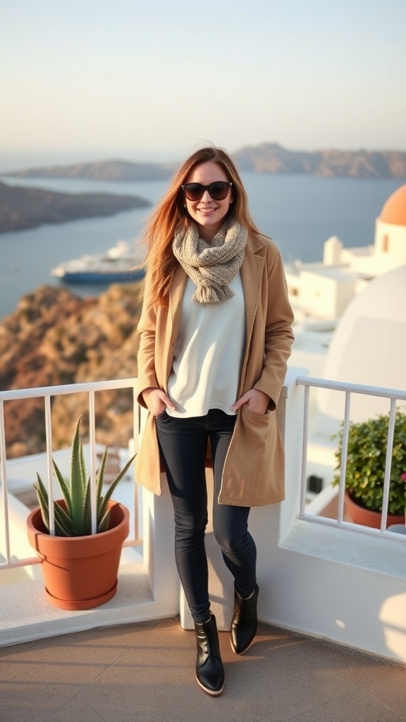 Two outfits for layering in Santorini, featuring a mannequin in a navy sweater and skirt with a plaid scarf, and a woman in a light sweater and blazer with black pants.