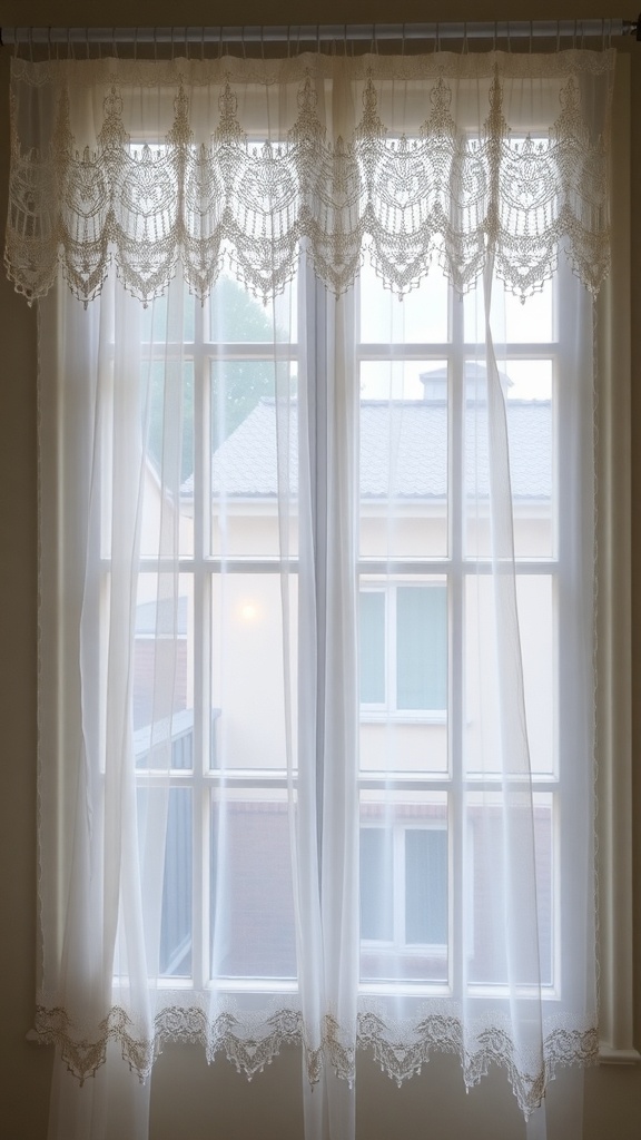 Layered lace curtains in a window, showcasing intricate designs and a soft, inviting look.