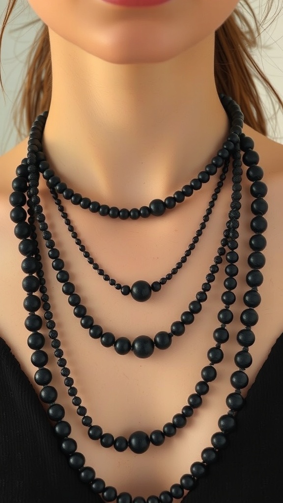 Layered black beaded necklaces of various sizes and textures worn by a model.