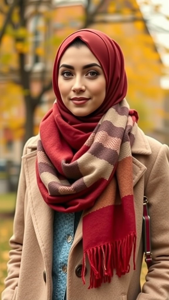 A woman wearing a red hijab and a patterned scarf, dressed in a beige coat, with autumn leaves in the background.