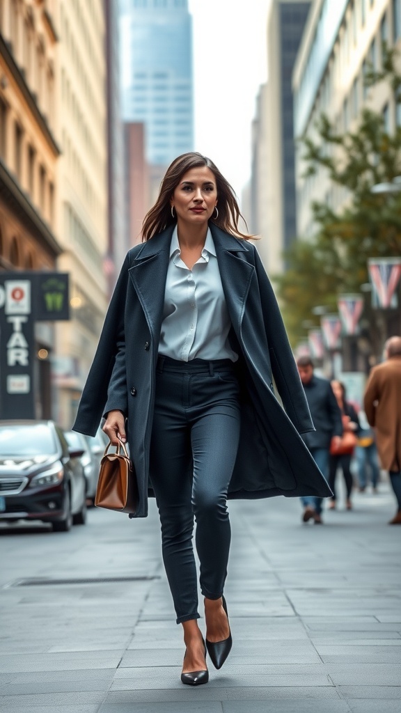 A woman in a tailored coat and fitted pants walking confidently in a city setting.
