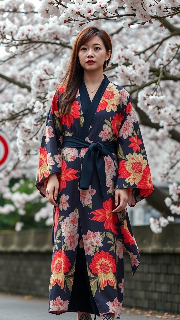 A woman wearing a floral yukata standing under cherry blossoms.
