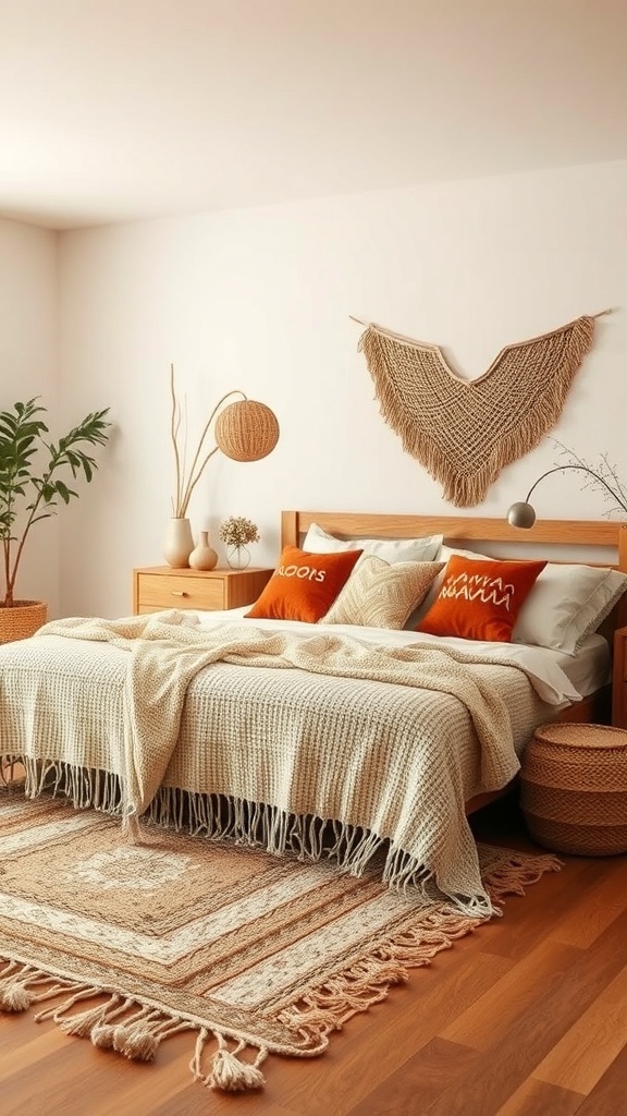 A cozy bedroom featuring a knitted blanket, colorful pillows, woven wall art, and a textured rug.
