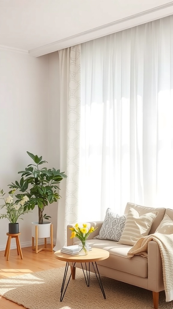 A cozy living room with white curtains, a beige sofa, and a plant, showcasing layered textures.