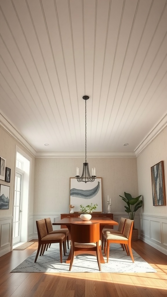 A dining room with a beadboard ceiling, chandelier, wooden table, and potted plant.