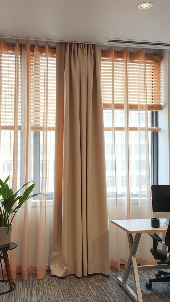 A window with beige curtains layered over wooden blinds, showcasing a stylish and functional window treatment.