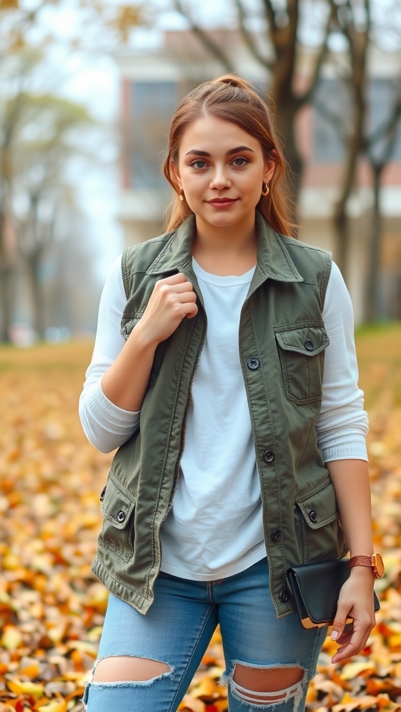 A young woman wearing a cargo vest over a white shirt, standing in a park with autumn leaves.