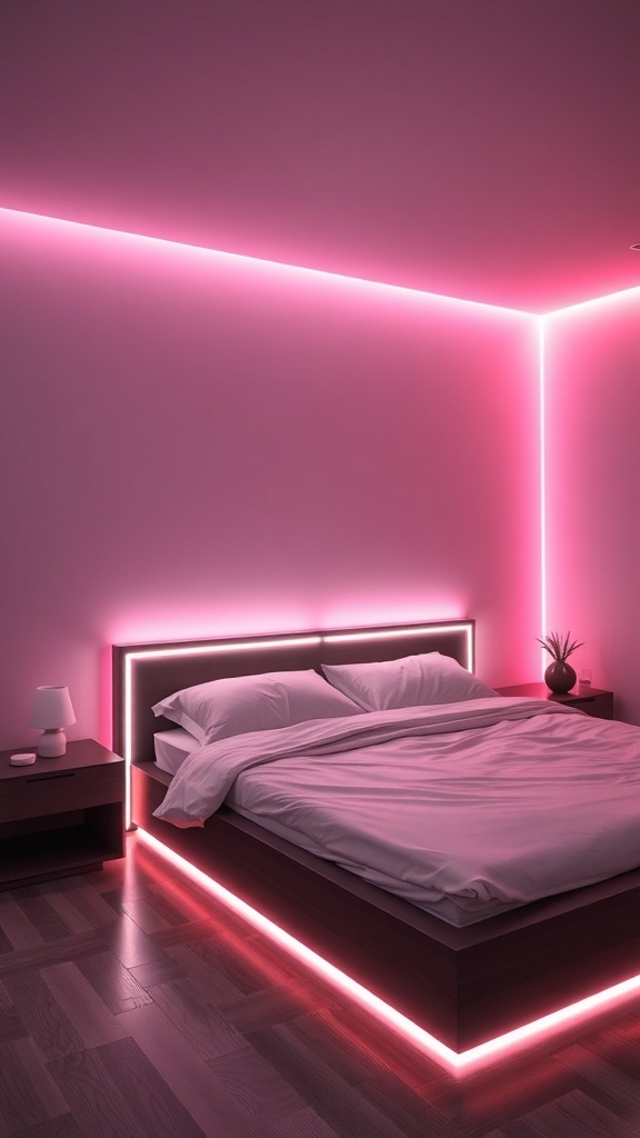 A cozy bedroom with pink LED strip lighting around the bed and walls.