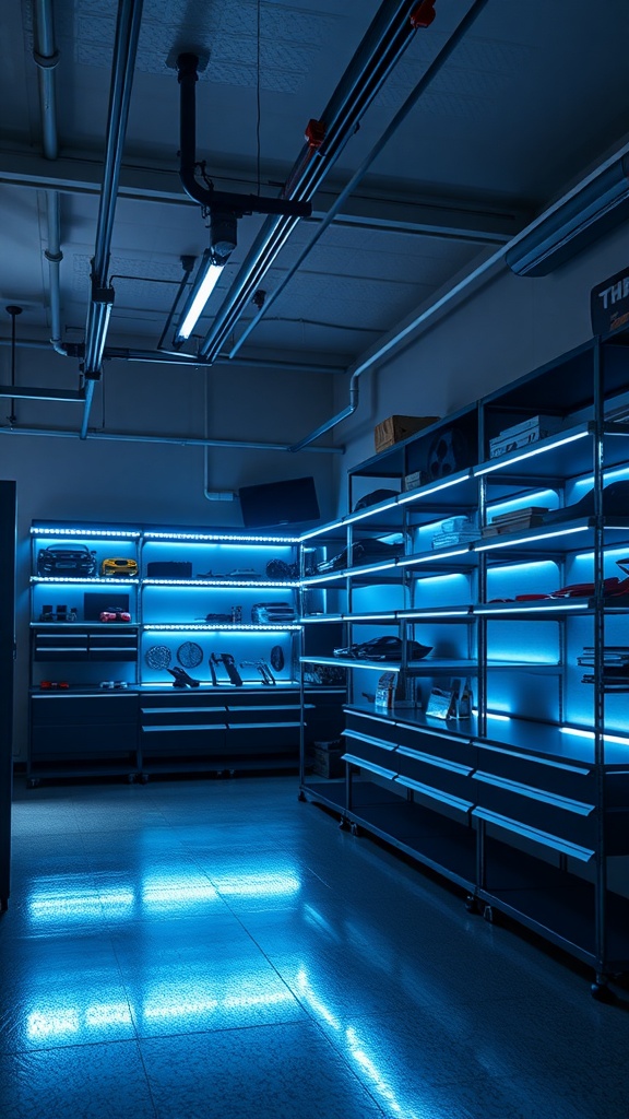 A garage with blue LED strip lighting illuminating shelves and items, creating a modern look.