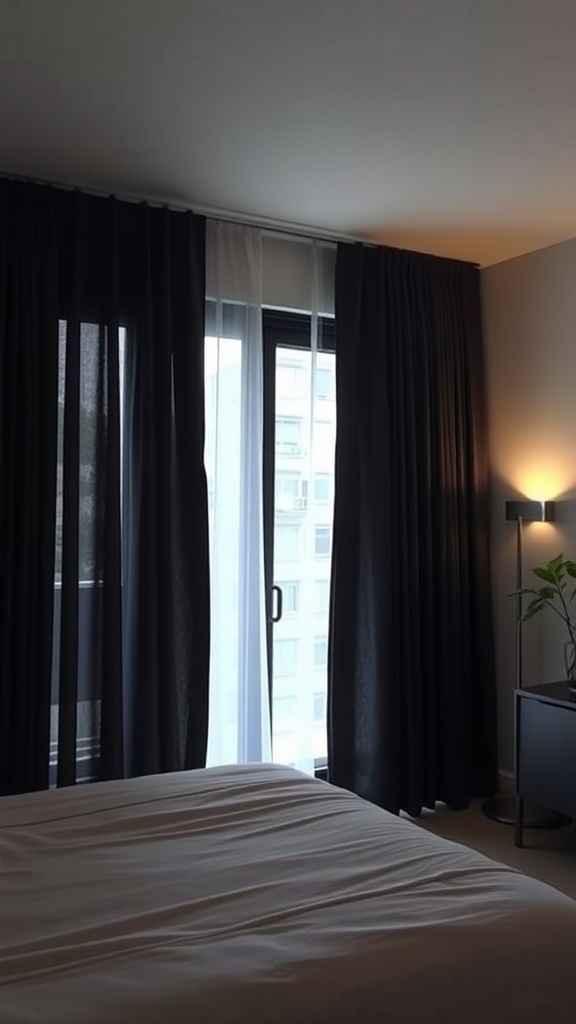 A cozy bedroom with sliding door curtains, featuring sheer and blackout options for light-blocking and privacy.
