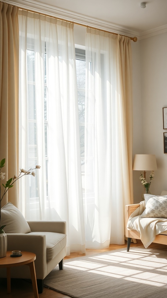 Light and airy living room with linen curtains, a cozy armchair, and a potted plant.