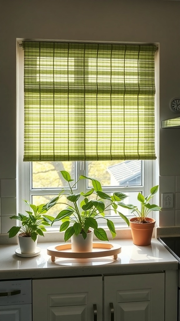 Light green bamboo shades on a window with indoor plants on the countertop