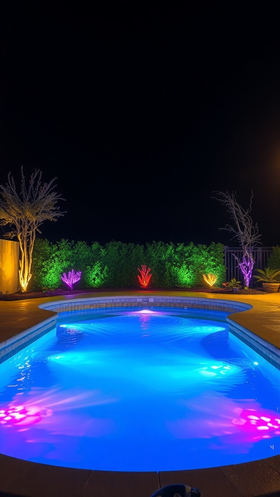 A beautifully lit inground pool at night with colorful lights illuminating the water and surrounding plants.