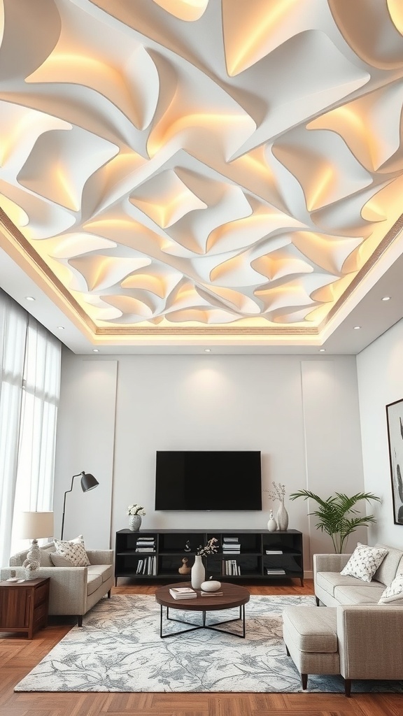 Stylish pop ceiling design with integrated lighting in a modern living room
