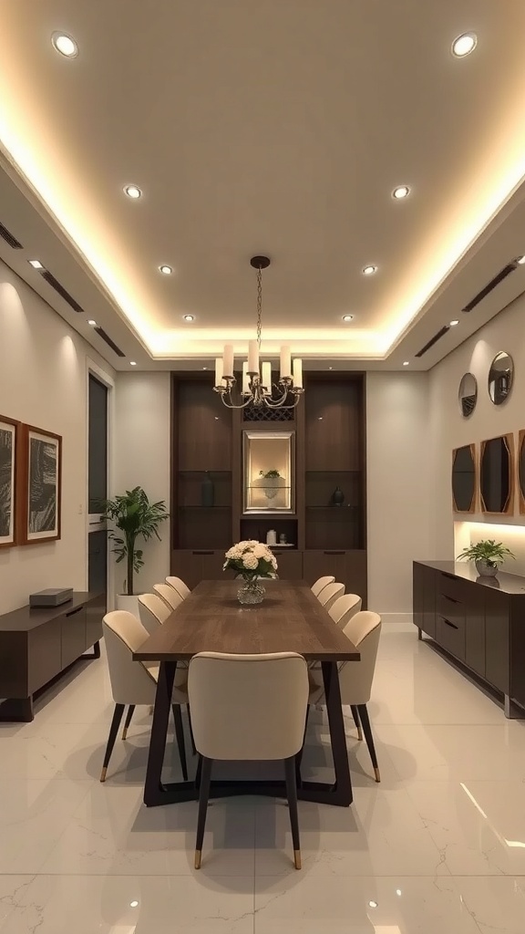 A modern dining room featuring a gypsum ceiling with integrated lighting, including recessed lights and a chandelier.