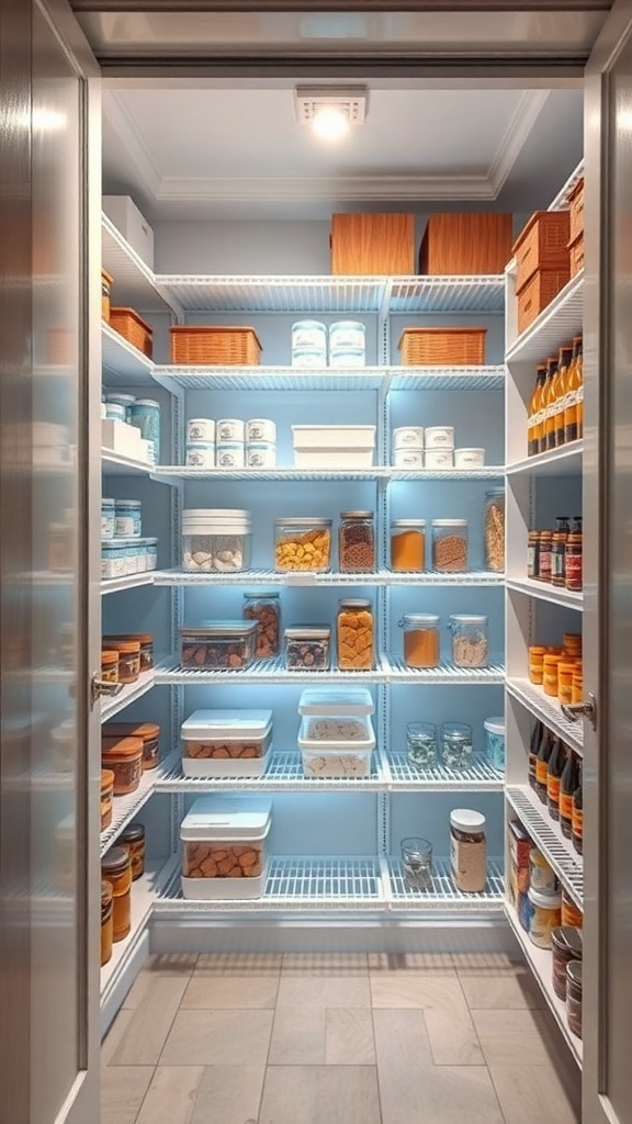 Brightly lit pantry closet with organized shelves and various containers
