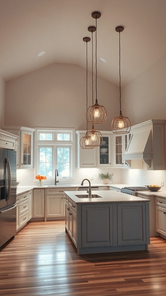 A well-lit L-shaped kitchen featuring pendant lights and a large window.