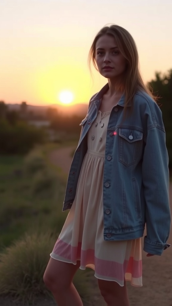 A woman wearing a lightweight denim jacket over a pink dress, standing against a sunset backdrop.