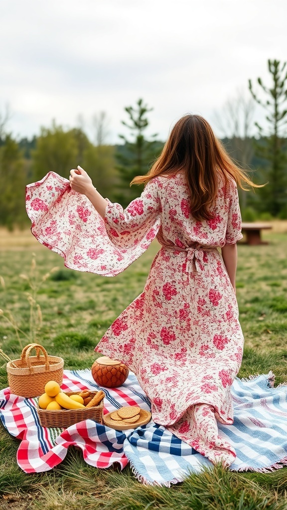 A woman in a floral wrap dress enjoying a picnic outdoors, surrounded by a picnic blanket and baskets.