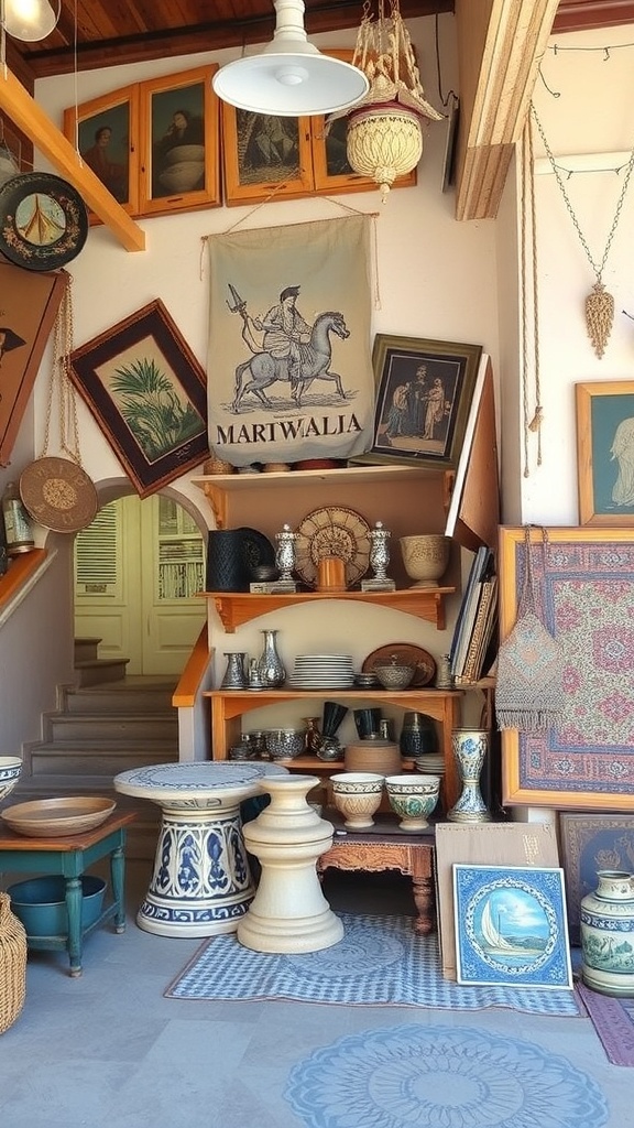 A cozy shop displaying local art and crafts in Izmir, featuring ceramics, textiles, and vintage artwork.