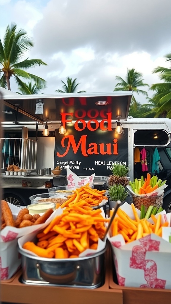 A food truck in Maui with a sign displaying 'Food Maui' and various snacks including sweet potato fries and veggie sticks.