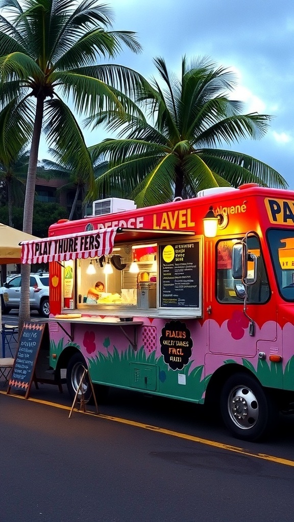 Colorful food truck in Oahu, Hawaii, surrounded by palm trees.