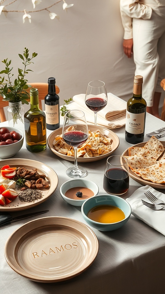 A table set with traditional Greek dishes, including fresh vegetables, meats, and wine, showcasing the local cuisine of Samos.
