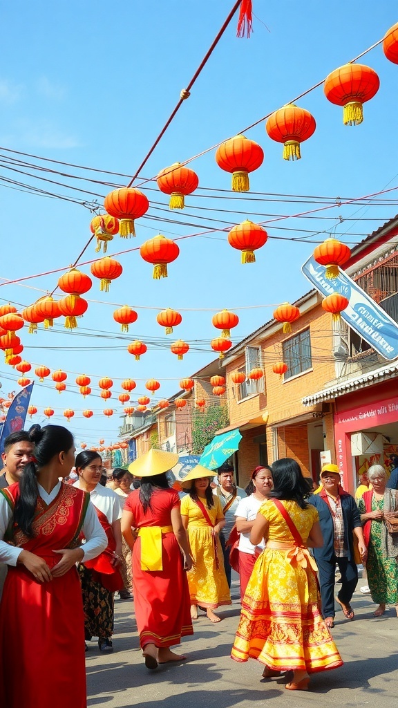 A lively street scene in Da Nang during a festival, with people in traditional clothing and red lanterns hanging overhead.