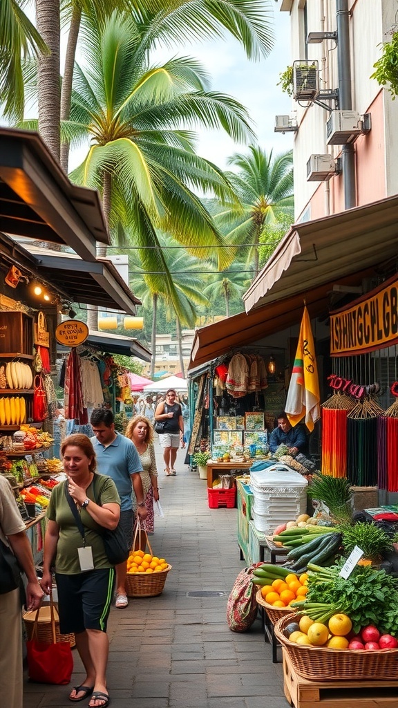 A vibrant local market in Waikiki, showcasing fresh fruits, vegetables, and handmade crafts with people shopping.