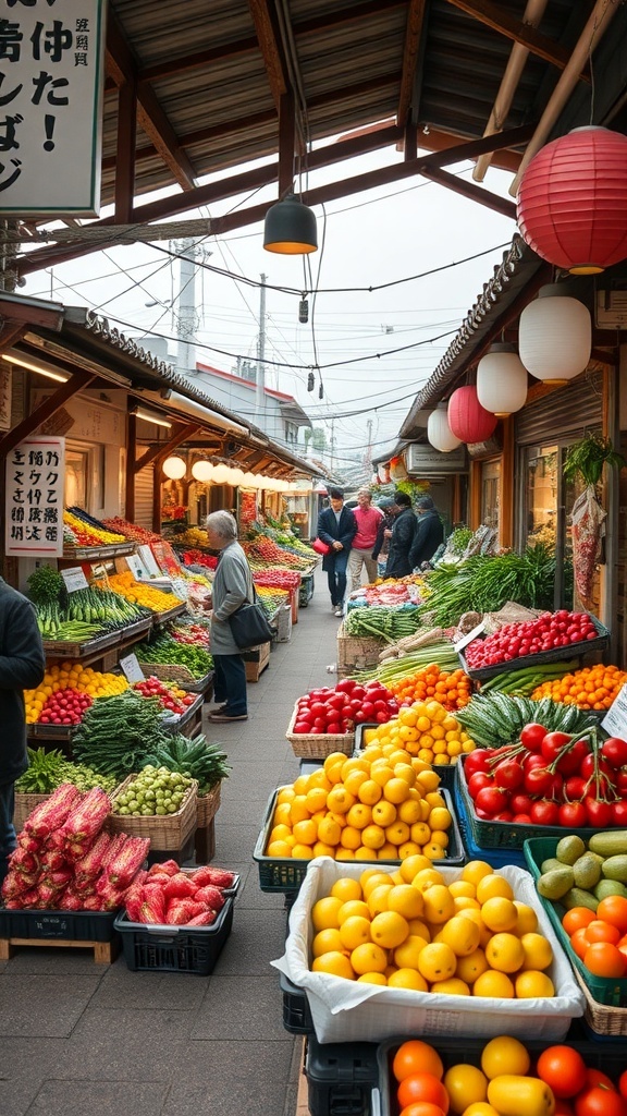 A vibrant local market in Japan filled with fresh fruits and vegetables.