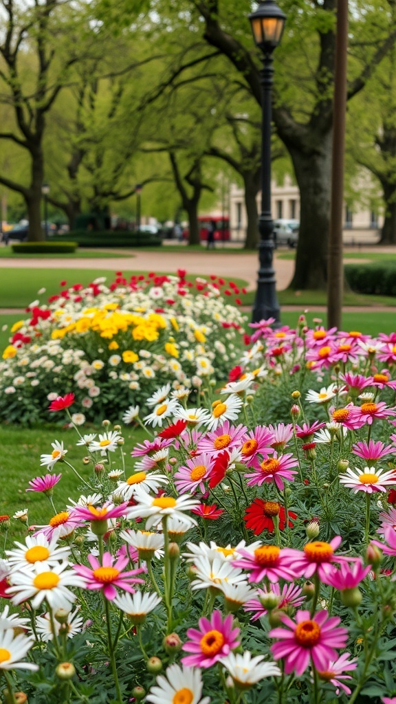 Colorful flower beds in a London park with trees and a lamp post in the background.